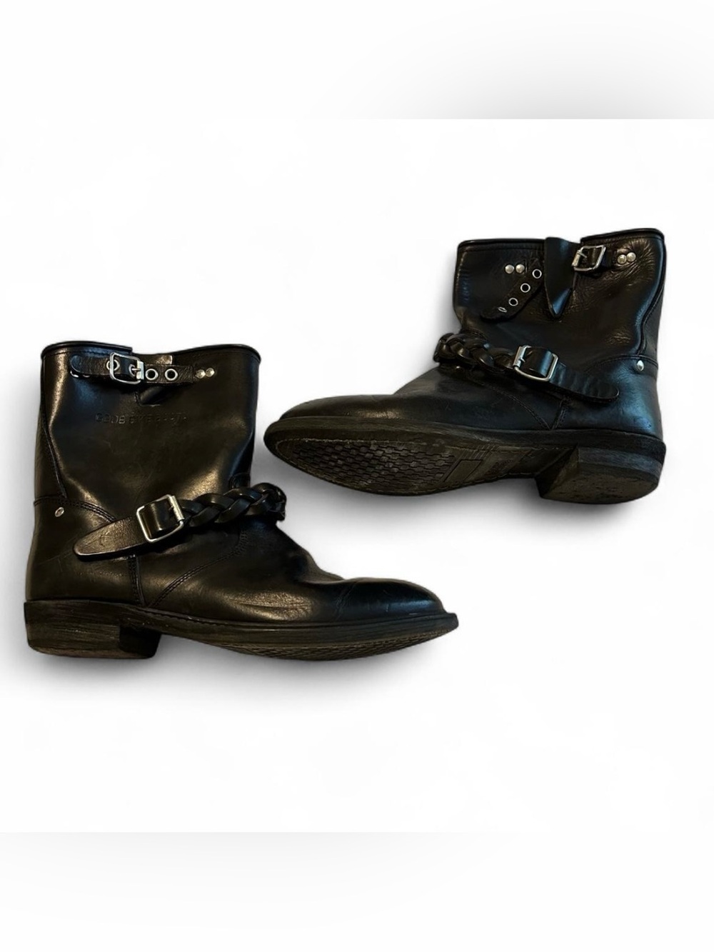 golden goose deluxe bikers black leather bike ankle boots with braided straps